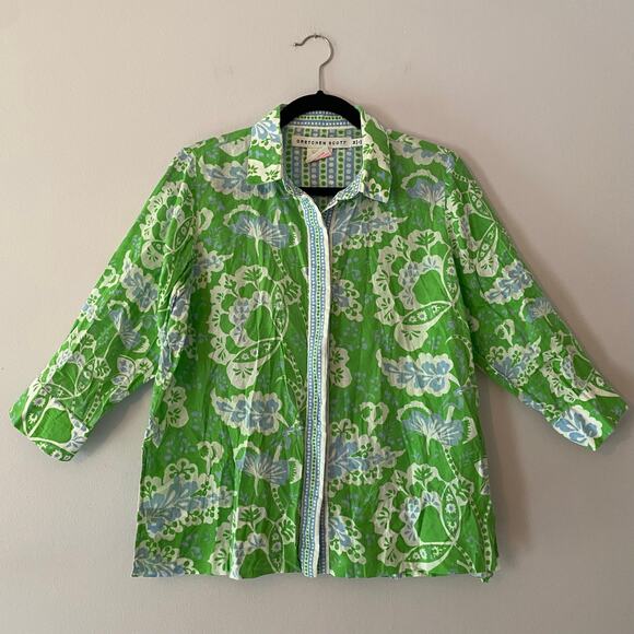 Gretchen Scott Green Blue Button Down Comfy Cozy Shirt Floral Print size Medium - Picture 2 of 12